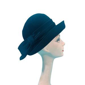 Vintage 1950s Black Fedora Henry Pollak Satin Bow Bucket Hat